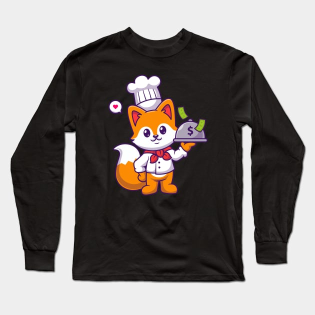 Cute Chef Fox Holding Money Cartoon Long Sleeve T-Shirt by Catalyst Labs